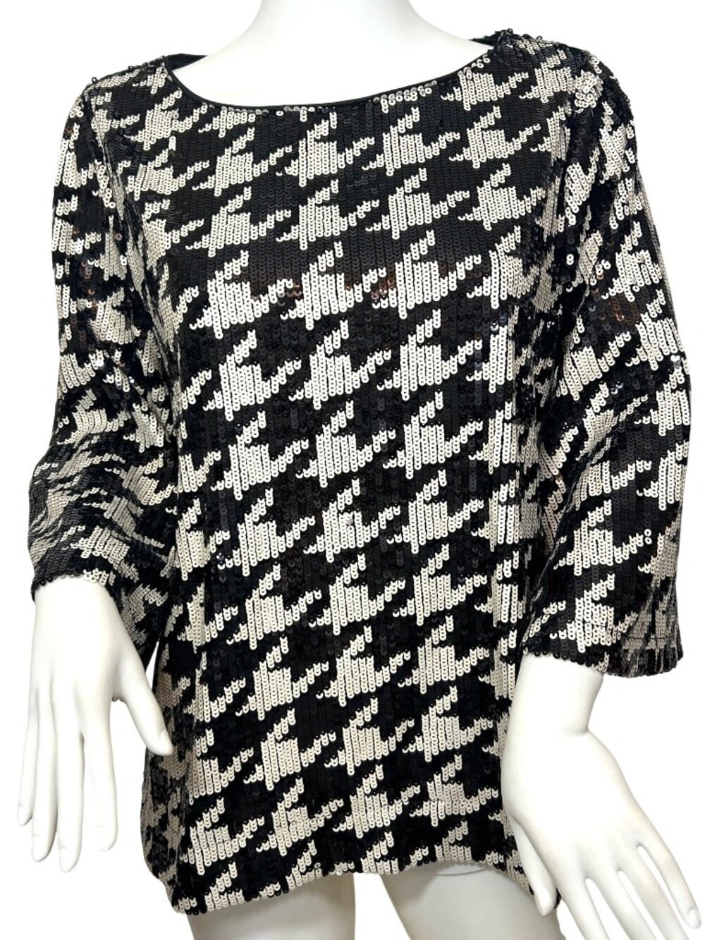 Chico’s Sequins Top Houndstooth Tunic Black White 1US M Special Occasion Party